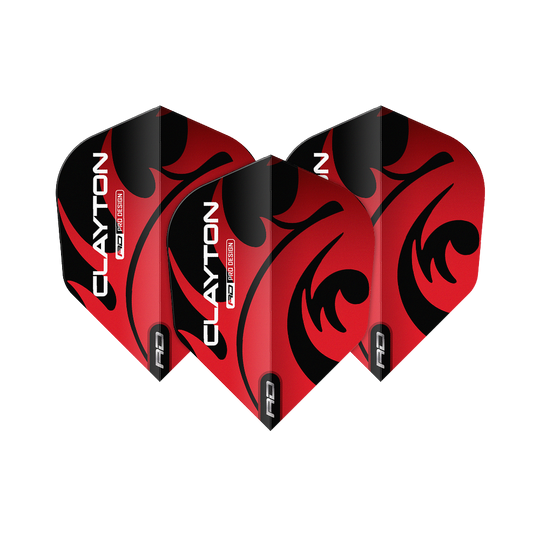 Dragon Rouge Jonny Clayton Rouge Noir N°6 Vols Auf dem Bild sind drei Dartflights des Produkts "Red Dragon Jonny Clayton Red Black No6 Flights" zu sehen. Die Flights sind rot-schwarz gestaltet und tragen den Aufdruck "CLAYTON".