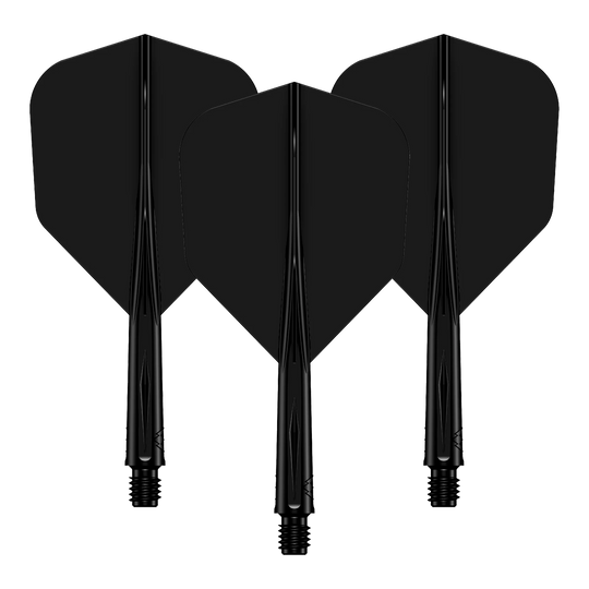 Système d'arbre de transMission Mission Force 90 n° 6 - Noir Das Bild zeigt drei schwarze Dartflights mit passenden Dartschäften. Sie sind hintereinander angeordnet und haben eine glänzende Oberfläche.