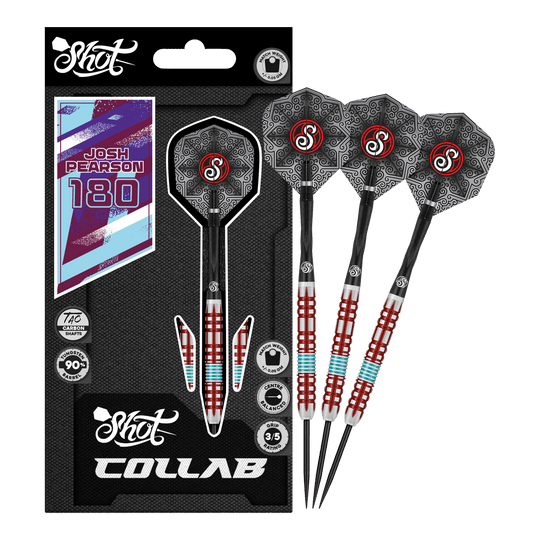 Fléchettes en acier Shot Collab Pro Series Josh Pearson - 23 g Das Produkt Shot Collab Pro Series Josh Pearson Steeldarts - 23g wird gezeigt. Die Darts besitzen eine präzise Verarbeitung für maximale Leistung.