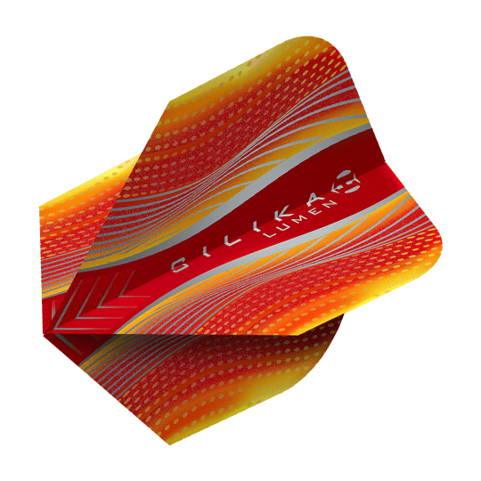 Das Bild zeigt das Produkt "Harrows Silika Lumen Yellow Red No6 Flights". Es ist ein Dartflight in den Farben Rot, Gelb und Silber mit dynamischem Muster und dem Aufdruck "Silika Lumen".