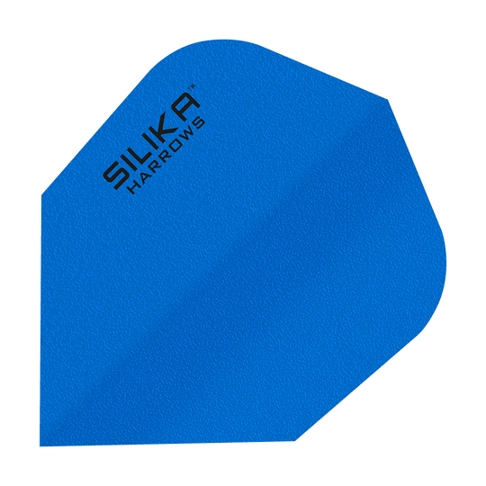 Revêtement cristallin solide et résistant en silice Harrows, bleu n° 6 Das Bild zeigt ein blaues Dart-Flight mit der Aufschrift "SILIKA HARROWS". Es handelt sich um das Modell "Harrows Silika Solid Tough Crystalline Coating Blue No6 Flights".