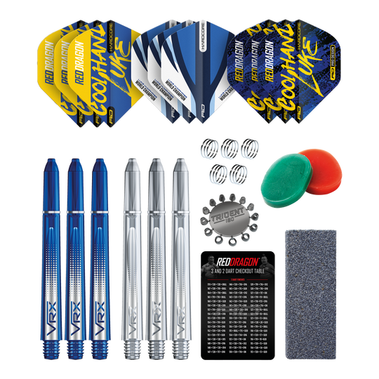 Pack d'accessoires Red Dragon Luke Humphries Optima Das Bild zeigt das Red Dragon Luke Humphries Optima Zubehör Pack für Darts. Enthalten sind Flights, Shafts, Federn, Tridents, ein Schleifstein, ein Checkout-Table, sowie weiteres nützliches Dartzubehör.