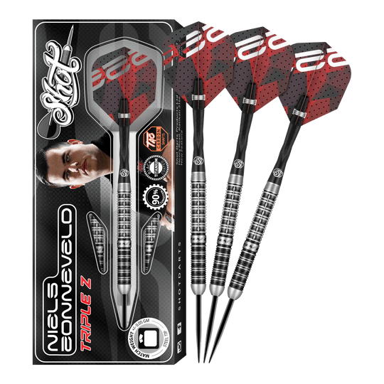Fléchettes en acier Shot Niels Zonneveld V2 Das Bild zeigt das Produkt "Shot Niels Zonneveld V2 Steeldarts" samt Verpackung und vier Steeldarts. Die Darts haben ein silber-schwarzes Design mit roten Flights.