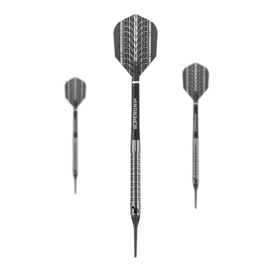 Fléchettes Harrows Supergrip 90% souples Das Bild zeigt drei Harrows Supergrip 90% Softdarts mit silbernem, gerilltem Barrel. Die Flights sind schwarz mit einem auffälligen Muster gestaltet.