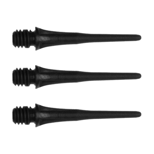 X9048_Cosmo_Fit_Point_Plus_2BA_Spitzen_Schwarz_14qvON0clQjNIm Das Bild zeigt drei schwarze Cosmo Fit Point Plus 2BA Spitzen mit einer Länge von 25 mm. Sie sind für Softdarts geeignet und werden im 50er Pack verkauft.