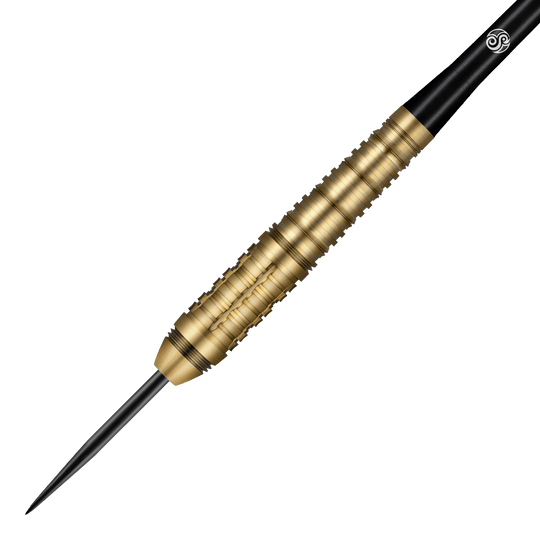 Fléchettes en acier Shot Redline Mach 1 Das Bild zeigt einen Steeldart der Marke Shot Redline Mach 1. Der Dart hat eine goldene, geriffelte Oberfläche und eine schwarze Spitze.