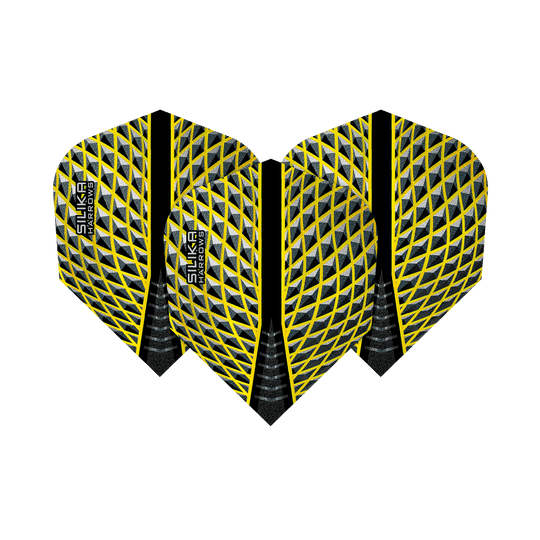 HR86_Harrows_Silika_Yellow_No6_Flights_1j2IQg7MJt5lfI Das Bild zeigt drei Harrows Silika Yellow No6 Flights mit einem gelben und schwarzen Muster. Die Flights haben ein auffälliges, rautenförmiges Design und das Harrows Silika Logo.