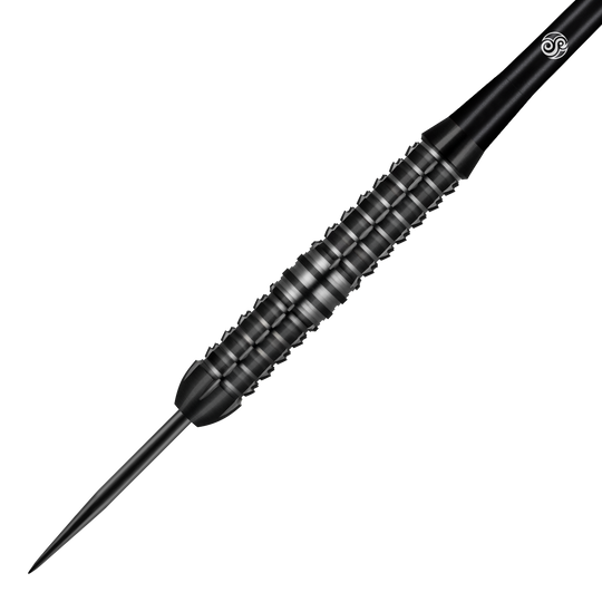 Fléchettes Shot Redline Blazed Steel Das Bild zeigt einen schwarzen Steeldart namens "Shot Redline Blazed". Der Dart hat ein geriffeltes Griffstück für besseren Halt.