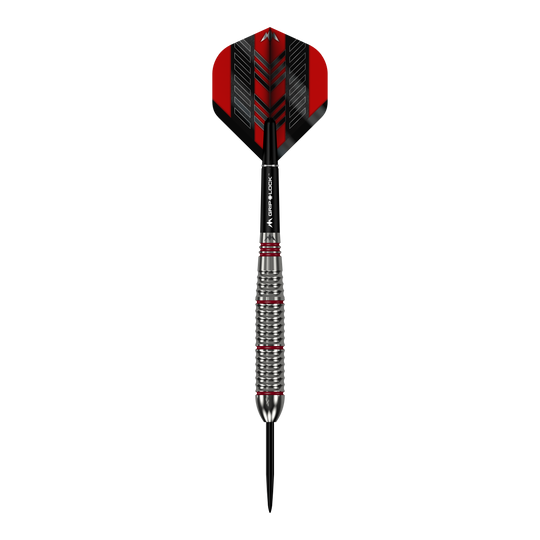 Fléchettes Mission Rogue en acier laitonné - 22 g Das Bild zeigt einen Mission Rogue Brass Steeldart mit einem Gewicht von 22 Gramm. Der Dart hat ein silbernes, geriffeltes Barrel und rote sowie schwarze Akzente an Flight und Shaft.
