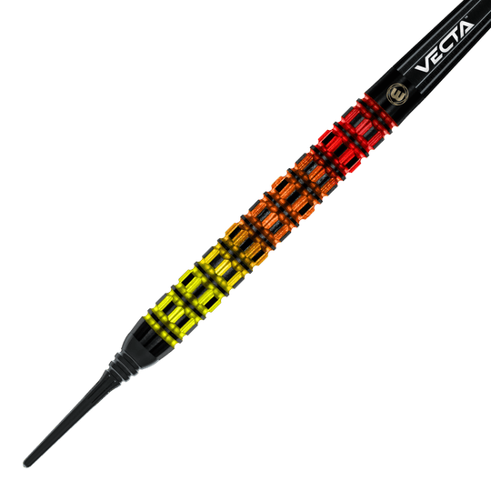 Fléchettes souples parallèles Winmau Firestorm Flame - 20 g Das Bild zeigt einen Winmau Firestorm Flame Parallel Softdart mit 20 Gramm Gewicht. Der Dart hat ein auffälliges Griffdesign in den Farben Gelb, Orange und Rot.