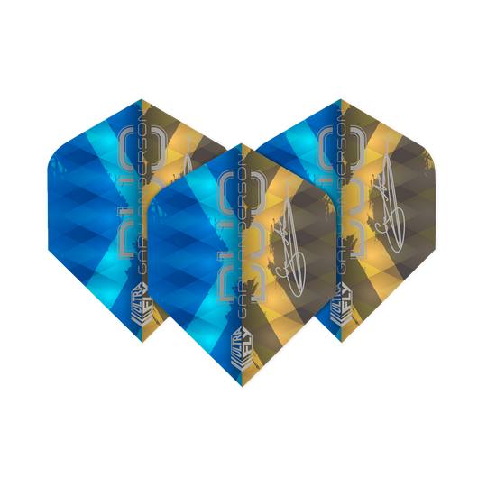 Das Bild zeigt drei Dartflights der Marke "Unicorn Ultrafly 100 Gary Anderson Duo Plus". Die Flights sind in den Farben Blau und Gold gestaltet und tragen den Schriftzug "Gary Anderson".