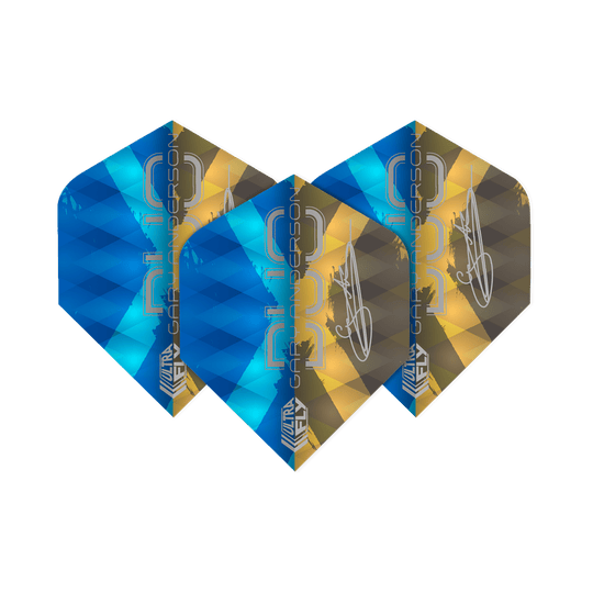 Vols Unicorn Ultrafly 100 Gary Anderson Duo Plus Das Bild zeigt drei Dartflights der Marke "Unicorn Ultrafly 100 Gary Anderson Duo Plus". Die Flights sind in den Farben Blau und Gold gestaltet und tragen den Schriftzug "Gary Anderson".