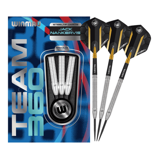 Fléchettes en acier Winmau Team 360 Jack Nankervis - 24 g Auf dem Bild sind die Winmau Team 360 Jack Nankervis Steeldarts mit 24g zu sehen. Diese Steeldarts bieten eine ausgezeichnete Kontrolle beim Wurf.