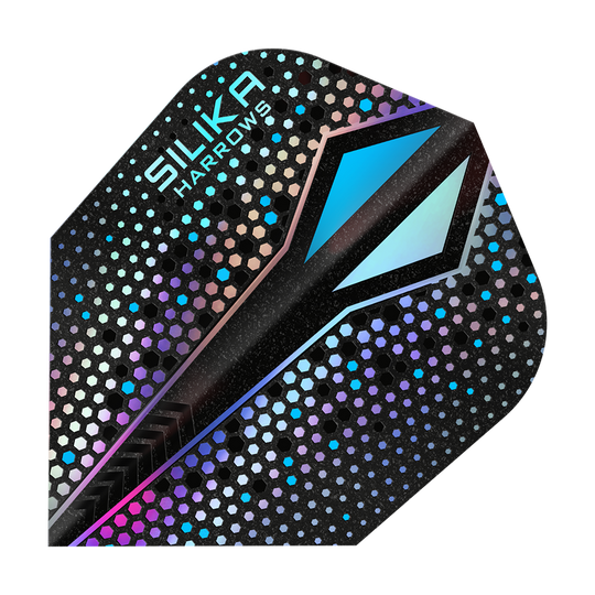 Harrows Silika Colourshift Revêtement cristallin résistant Argent-X No6 Vols Das Bild zeigt ein Dart-Flight mit dem Namen "Harrows Silika Colourshift Tough Crystalline Coating Silver-X No6". Das Flight hat ein glänzendes, sechseckiges Muster mit schimmernden Farben und einem markanten blauen Designelement.