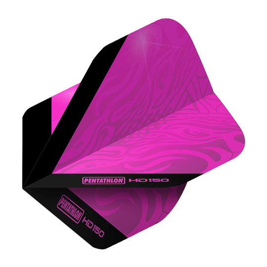 Volets standard Pentathlon HD150 rose métallisé Das Bild zeigt das Produkt "Pentathlon HD150 Metallic Pink Standard Flights". Es handelt sich um ein Dart-Flight in metallischem Pink mit schwarzen Akzenten und Markenaufdruck.
