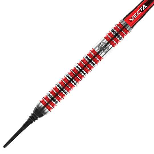 2463_Winmau_Diablo_Parallel_Softdarts_2 Das Bild zeigt einen Winmau Diablo Parallel Softdart mit einem Gewicht von 20 Gramm. Der Dart hat einen silbernen und roten Griff mit schwarzen Ringen und einer schwarzen Softspitze.