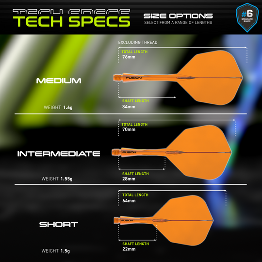 Système d'arbre de vol Winmau Fusion n° 6 Orange fluo Hier ist das Winmau Fusion Flight-Shaft-System No6 in Neon Orange dargestellt. Das Produkt vereint Flight und Schaft für erhöhte Stabilität im Dartspiel.