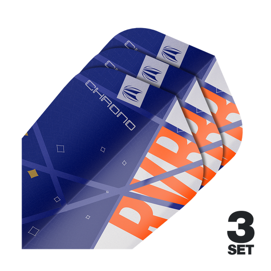 Ailettes standard Target Pro Ultra Raymond Van Barneveld Chrono Ten-X - 3 jeux Auf dem Bild sind drei Sätze von Target Pro Ultra Raymond Van Barneveld Chrono Ten-X Standard Flights zu sehen. Die Flights sind überwiegend blau mit orangefarbenen und weißen Akzenten gestaltet.