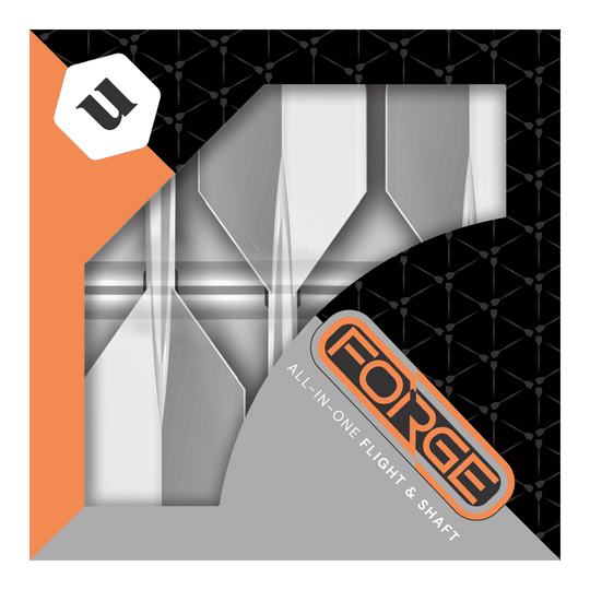 Ailettes standard Unicorn Forge All In One Plus No2 transparentes - Moyennes Das Bild zeigt die Verpackung des Produkts „Unicorn Forge All In One Plus No2 Standard Flights Clear - Medium“. Die Verpackung ist in Schwarz, Orange und Grau gehalten und zeigt die Flights und Shafts durch ein Sichtfenster.