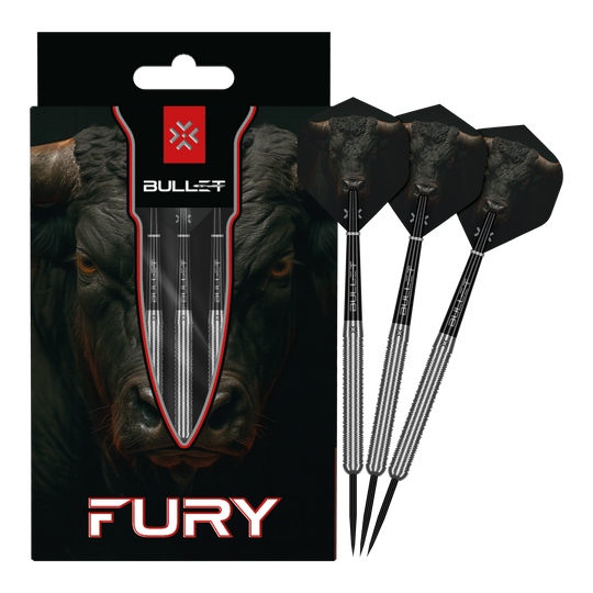 Auf dem Bild sind die Bullet Fury Steel Darts vollständig dargestellt. Das Set ist für Dartbegeisterte geeignet.
