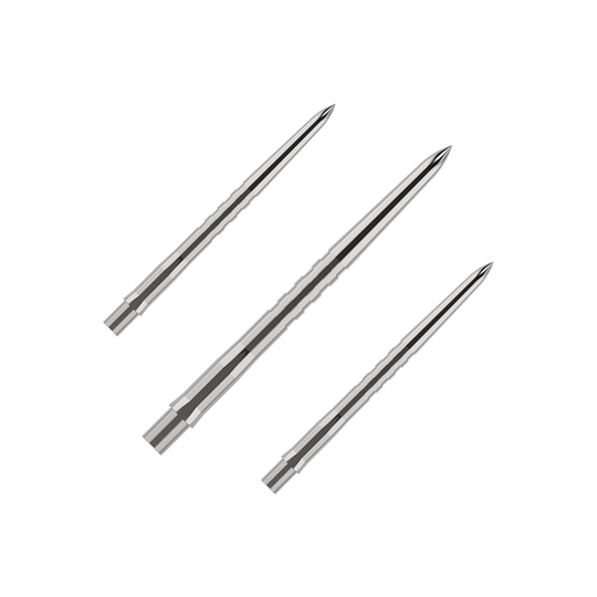 Embouts de fléchettes Mission Caliburn EVO - Rainurés - Argent Das Bild zeigt drei silberne, gerillte Spitzen für Steeldarts. Sie sind schlank und spitz zulaufend, nebeneinander angeordnet.