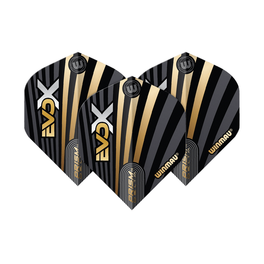 Vols standard Winmau Prism Delta MvG Evo-X n° 2 Das Bild zeigt drei Winmau Prism Delta MvG Evo-X No2 Standard Flights. Sie haben ein schwarzes Design mit goldenen und silbernen Streifen sowie dem Winmau-Logo.