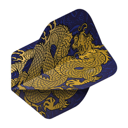 Vols de Pentathlon Dragon bleu Das Bild zeigt die Pentathlon Dragon 4 Standard Flights. Auf den Flights ist ein goldener Drache auf dunkelblauem Hintergrund abgebildet.