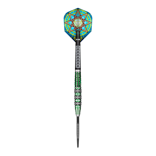 Shot Celt Druid Turbo Point Steeldarts Das Bild zeigt Shot Celt Druid Turbo Point Steeldarts mit verzierten Details. Die Darts sind nummeriert dargestellt.