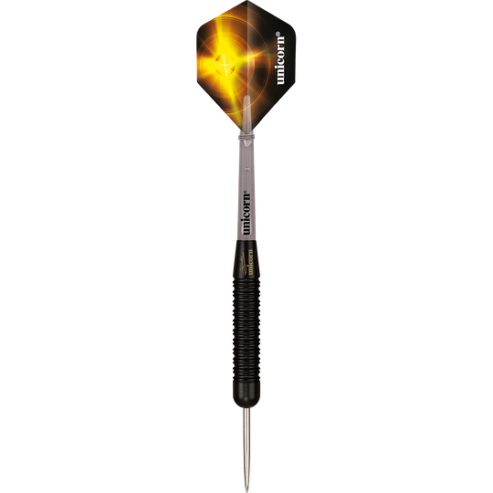 27661_Unicorn_Black_Brass_Gary_Anderson_V1_Steeldarts_1TmuvYOIhtdWOC Das Bild zeigt einen Unicorn Black Brass Gary Anderson V1 Steeldart. Der Dartpfeil hat ein schwarzes Griffstück und eine schwarz-goldene Flight mit einem leuchtenden Design.