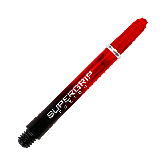 Das Bild zeigt einen Harrows Supergrip Fusion Shaft in Rot. Der Schaft hat ein modernes Design mit einer roten und schwarzen Farbverlaufoptik und weißer Aufschrift.