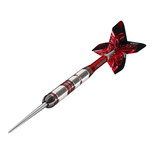 Fléchettes en acier DW Piranha Razor 01 Das Bild zeigt einen DW Piranha Razor 01 Steeldart. Der Dartpfeil hat ein silbernes Barrel mit roten Akzenten und rote Flights.