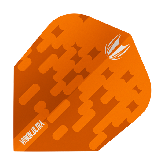 Das Bild zeigt ein orangefarbenes Dart-Flight mit dem Namen "Target Vision Ultra Orange Ten-X Flights". Auf dem Flight sind ein stilisiertes Logo und das Wort "VISION ULTRA" zu sehen.