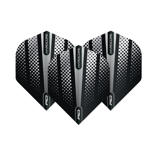 Das Bild zeigt drei Dart-Flights des Produkts "Red Dragon Hardcore Radical Black Flash Standard Flights". Die Flights sind schwarz mit silbernen und weißen Punkten und Streifen gestaltet.