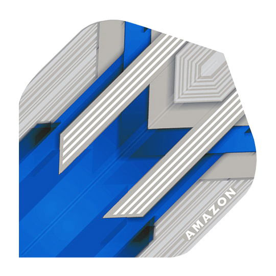 A-33-Amazon-Silver-No2-Blue-Flights012D63u0suw7E Das Bild zeigt ein Amazon Silver No.2 Blue Flight mit einem geometrischen Muster in Blau, Silber und Weiß. In der Ecke steht das Wort "AMAZON" in weißen Buchstaben.