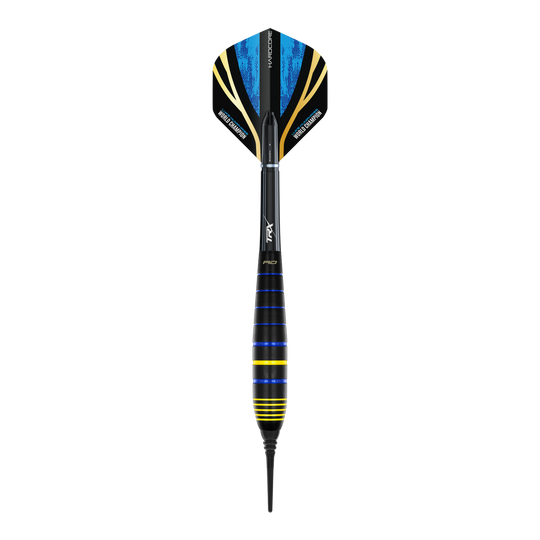 Fléchettes souples Red Dragon Luke Humphries, champion du monde, en laiton - 20 g Das Bild zeigt einen Red Dragon Luke Humphries World Champion Brass Softdart mit 20g Gewicht. Der Dart ist schwarz mit blauen und gelben Akzenten gestaltet.