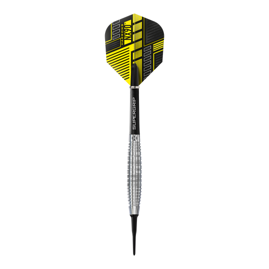 Fléchettes souples Harrows NX90 Bomb Das Bild zeigt einen Harrows NX90 Bomb Softdart mit einem silbernen, geriffelten Barrel. Die Flight-Feder ist schwarz und gelb gemustert und trägt den Produktnamen.