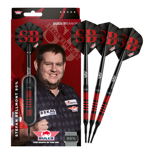 Bulls NL Stefan Bellmont 90 fléchettes souples - 20 g Auf dem Bild sind die Bulls NL Stefan Bellmont 90 Softdarts - 20g komplett zu sehen. Diese Darts bieten Präzision und gute Spielbarkeit.