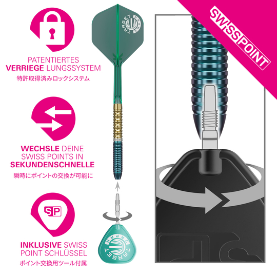 Fléchettes en acier Target Japan Prime Series Zenith GEN 2.5 à pointe suisse Target Japan Prime Series Zenith GEN 2.5 Swiss Point Steeldarts sind hochwertige Steeldarts für professionelle Spieler. Das Bild zeigt das Produkt in Nahaufnahme.