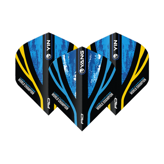 Red Dragon Luke Humphries Champion du monde Blue Gold Yin Yang Vols standards Das Bild zeigt drei Dart-Flights mit dem Design "Red Dragon Luke Humphries World Champion Blue Gold Yin Yang Standard Flights". Die Flights sind in Blau, Schwarz und Gold gehalten und tragen die Aufschrift "World Champion".