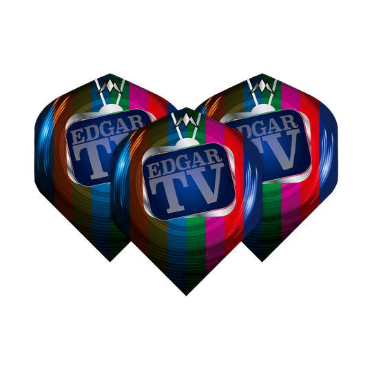 Mission Solo Matt Edgar n°2 Vols Standard Das Bild zeigt drei bunte Dart-Flights mit dem Aufdruck "EDGAR TV" auf einem Fernsehbildschirm. Die Flights sind Teil des Produkts "Mission Solo Matt Edgar No2 Standard Flights".