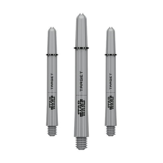 Das Bild zeigt ein Dart-Zubehör mit dem Dateinamen 380432_Target_StarWars_ProGrip_Shafts_Grau_Medium_48mm_1Set. Es handelt sich vermutlich um einen grauen Medium ProGrip Shaft von Star Wars mit 48mm Länge als Set.