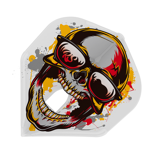 Volets standard L-Style Marijanovic V1 L1PRO Das Bild zeigt das Produkt „L-Style Marijanovic V1 L1PRO Standard Flights“. Auf dem Flight ist ein farbenfrohes Totenkopfdesign mit Sonnenbrille und bunten Farbspritzern abgebildet.