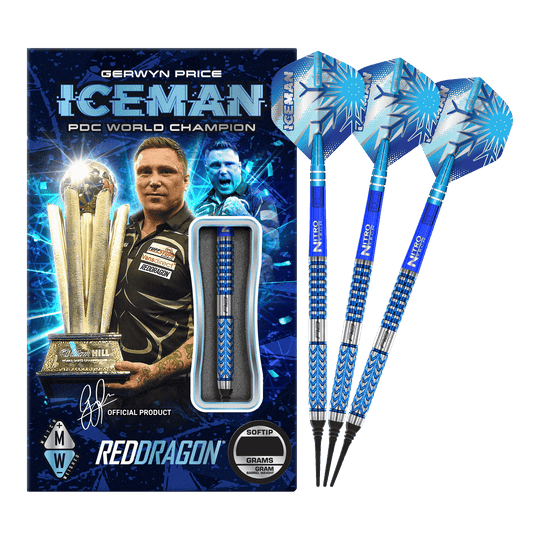 Red Dragon Gerwyn Price Glacier Fléchettes souples – 18 g Das Bild zeigt das Produkt "Red Dragon Gerwyn Price Glacier Softdarts - 18g" mit einer auffälligen blauen Verpackung. Neben der Verpackung sind drei blaue Softdarts mit dem Schriftzug "ICEMAN" und einem Eismuster abgebildet.