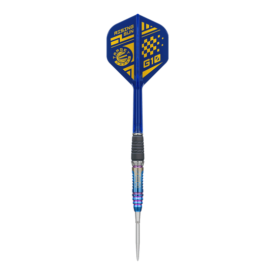 Fléchettes en acier Target Japan Rising Sun GEN10 Swiss Point Dies ist ein Bild der Target Japan Rising Sun GEN10 Swiss Point Steeldarts. Drei silberne Darts mit blauen Highlights sind zu sehen.