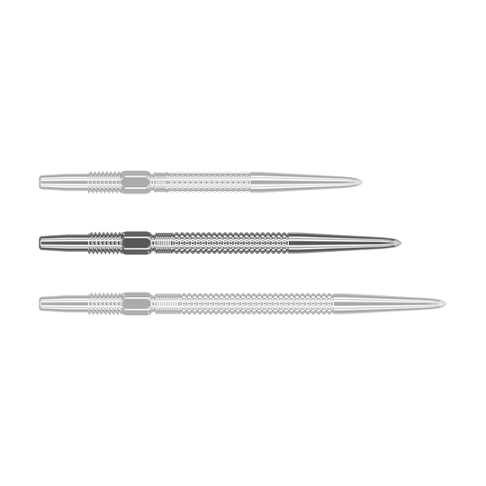 Pointes de fléchettes Target Swiss Point GRD Silver Das Bild zeigt drei silberne Dartspitzen des Produkts „Target Swiss Point GRD Silver Dartspitzen“. Die Spitzen sind nebeneinander angeordnet und haben eine feine Riffelung.