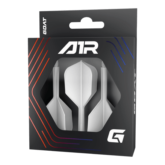 Système d'arbre de vol GOAT A1R n° 6 - Blanc Die Abbildung zeigt das Produkt „GOAT A1R No6 Flight-Shaft-System - Weiß“ in einer schwarzen Verpackung mit Sichtfenster. In der Verpackung sind drei weiße Dart-Flights mit Schäften zu sehen.
