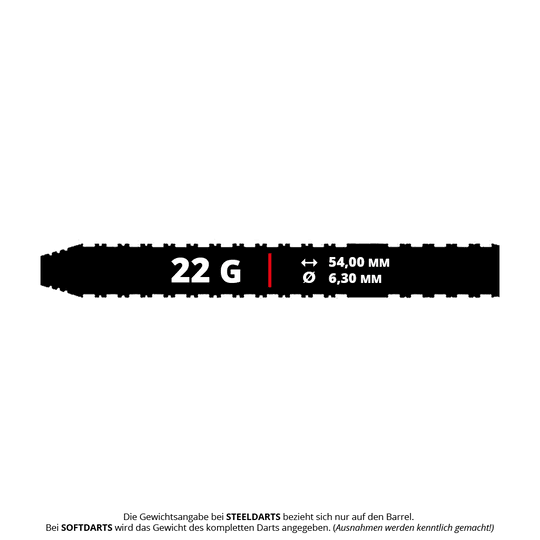 Das Bild zeigt die technischen Daten des Produkts "Caliburn Forge F3 Steeldarts - 22g". Der Dart wiegt 22 Gramm, ist 54,00 mm lang und hat einen Durchmesser von 6,30 mm.