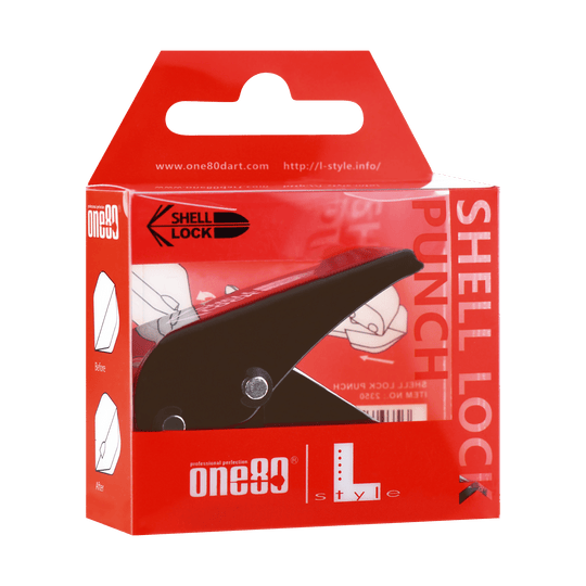 Poinçon de verrouillage de coque One80 style L Poinçon de vol Das Bild zeigt die Verpackung des Produkts "L-Style One80 Shell Lock Punch Flightlocher". In der Packung befindet sich ein schwarzer Lochstanzer für Dart-Flights.
