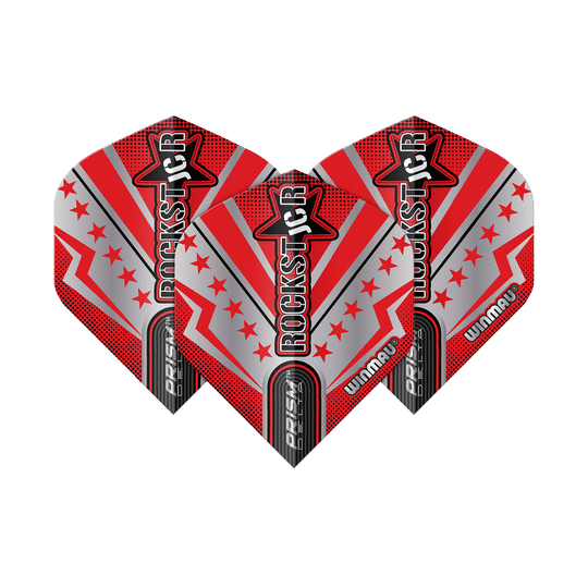 Vols standard Winmau Prism Delta Joe Cullen Rockstar Series n°2 Das Bild zeigt drei Dart-Flights der Serie "Winmau Prism Delta Joe Cullen Rockstar No2". Die Flights sind in rot, silber und schwarz gestaltet und tragen die Aufschrift "ROCKSTAR".