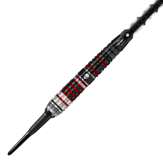 Fléchettes souples Ryan Searle Heavy Metal Series 2 de Harrow Das Bild zeigt einen Harrows Ryan Searle Heavy Metal Series 2 Softdart. Der Dartpfeil ist schwarz, silber und rot mit einem Totenkopf-Design auf dem Griff.